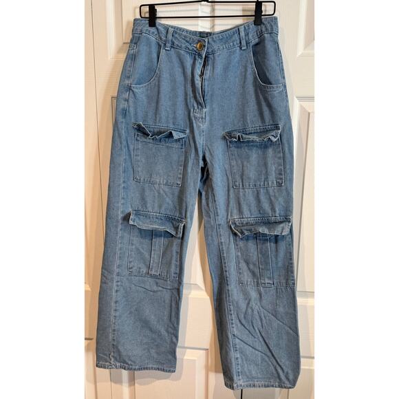 Light Wash Wide-Leg Cargo Jeans - 90s Y2K Aesthetic- Med - Picture 2 of 8